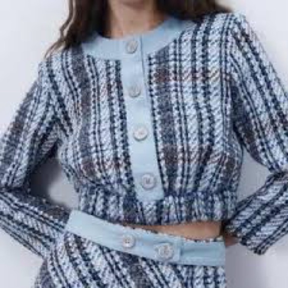 (N3) Zara Tweed Textured Denim Crop‎ Top, Size xs